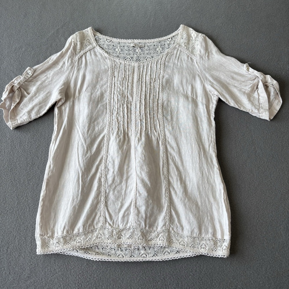 Lina Tomei Womens L 100% Linen Blouse Made Italy Lace Boho Tunic Top Cream Beach